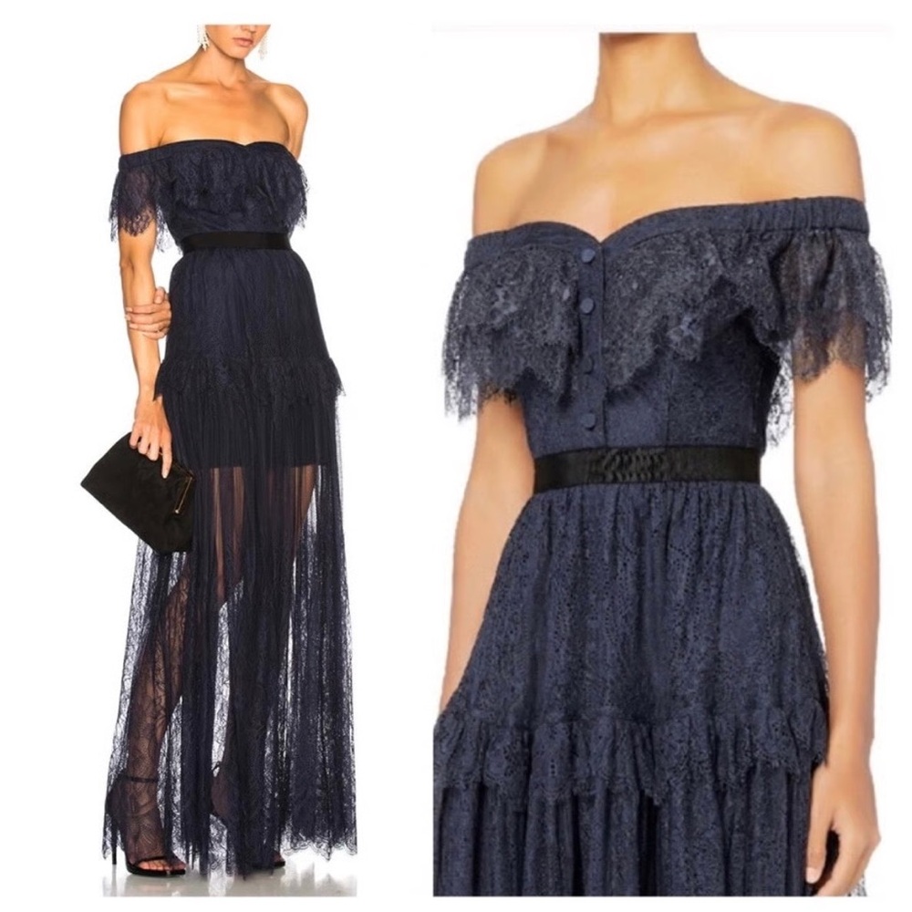 SELF-PORTRAIT 2 blue fine lace off shoulder maxi dress
Euc